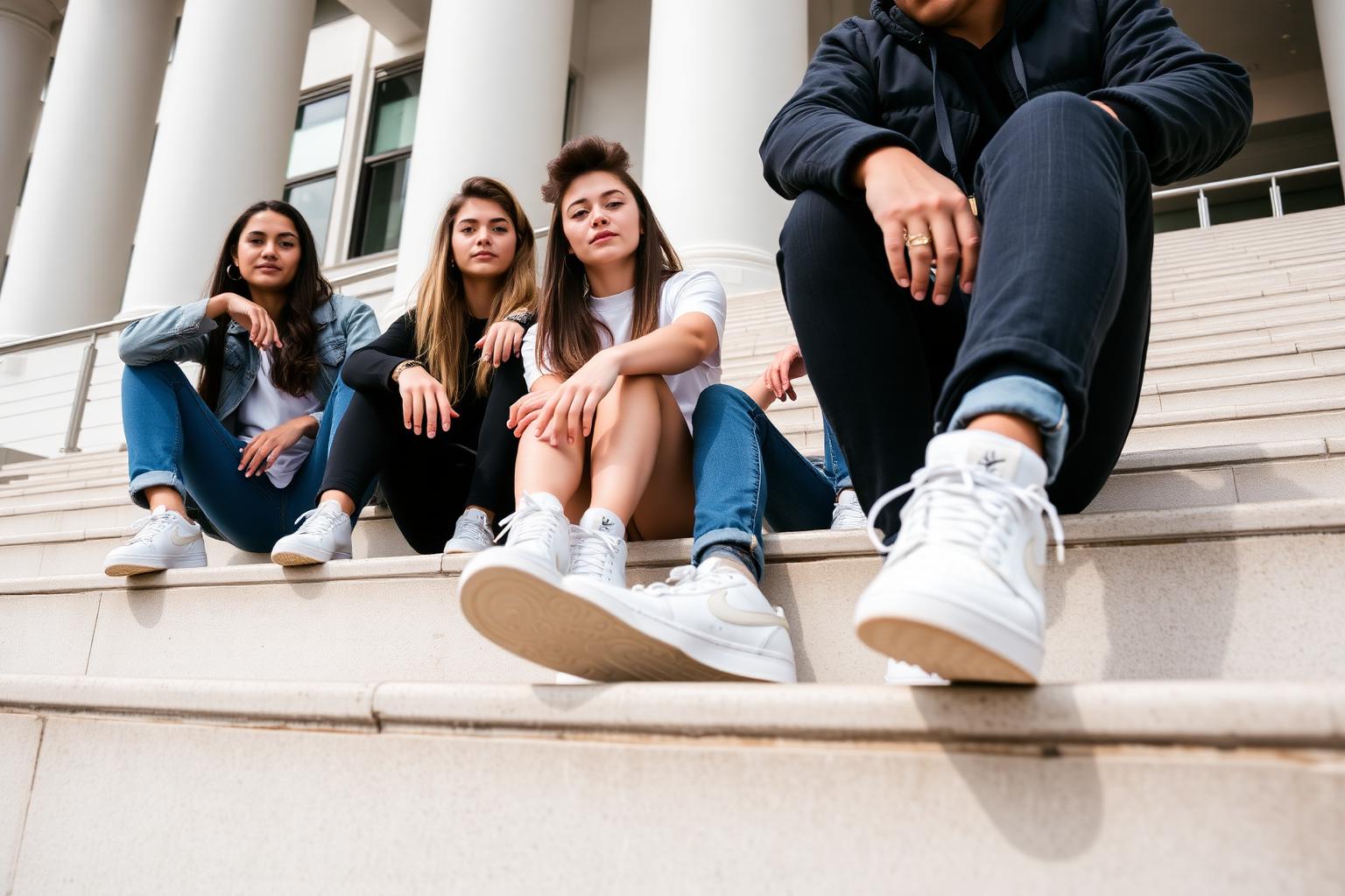 Students showing off fresh sneakers on campus steps